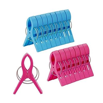 Relaxdays Strandhandduksklämmor, 16 stycken, XXL tvättklämmor för badhanddukar UVM, H x B x D: 12 x 2 x 8 cm, plast, blå/rosa