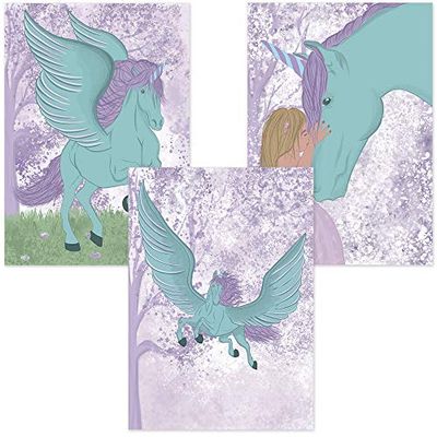 ALLEOVS® - Poster per la decorazione della stanza con unicorno e ragazza - Stampa artistica da parete degli amici - Set di 3 immagini 21 x 29,7 cm - per ragazzi e ragazze