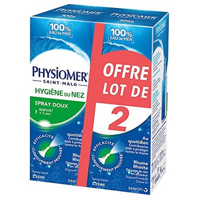 Physiomer Spray Doux – Lot de x2 – Spray nasal 100% Eau de mer – Hygiène du nez – Dispositif médical – Spray 135ml – Utilisation quotidienne – Dégage le nez en douceur