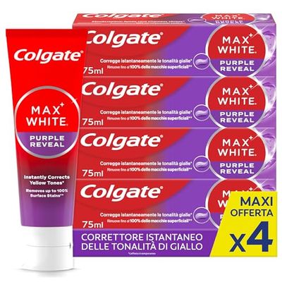 Colgate Dentifricio Sbiancante Max White Purple Reveal 4 Confezioni da 75 ml I Per Denti Bianchi I Sicuro Per Lo Smalto I Contiene Fluoro I Sbiancamento denti I Bianco naturale
