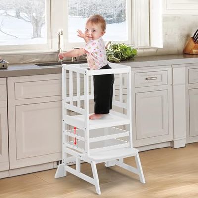 COSYLAND Torre de Aprendizaje Montessori de Niños - Torre de Aprendizaje para Bebés de 1 a 6 Años - 3 Niveles de Altura Regulable - Blanco