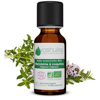 Voshuiles - Huile Essentielle Marjolaine à Coquilles Bio 20ml - Parfum Aromatique et Légèrement Épicé - Huiles Essentielles de Qualité - 100% Pure et Naturelle - HEBBD et Certifiée ECOCERT