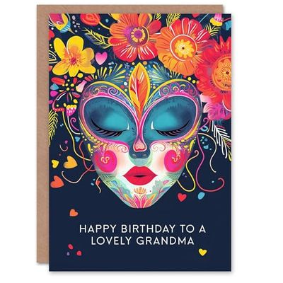 Artery8 Grandma Happy Birthday Card Floral Headdress Love Hearts Flowers Venetian Mask For Her Greeting Card