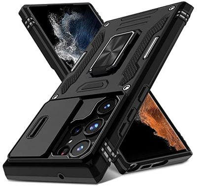 DEERLAMN Etui do Samsung Galaxy S23 Ultra z przesuwanym etui na aparat, obrotowy pierścień, podpórka klasy wojskowej, odporna na wstrząsy osłona ochronna-czarne