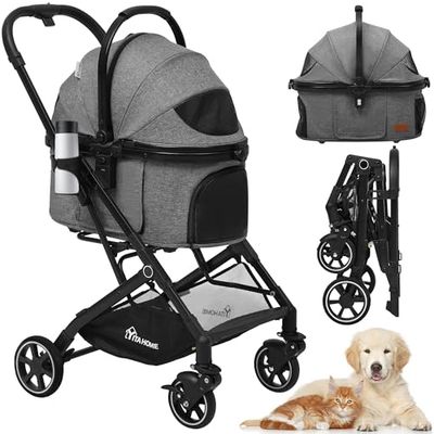 YITAHOME Hondenwagen, kinderwagen, opvouwbare hondenkinderwagen voor middelgrote honden, 15 kg, hondenbuggy met afneembare drager, opbergmand, bekerhouder, huisdierdrager op 4 wielen (grijs)