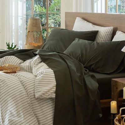 MooMee Parure de lit 100% Coton lavé, Aspect Lin texturé, perméable à l’air, Durable, Douce et Confortable - Vert Olive, King-Size