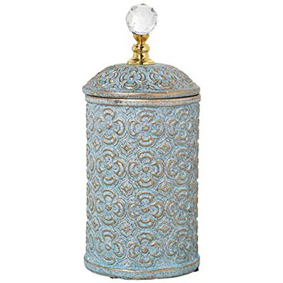 DRW Tibor de Ceramica con Bola de Cristal en Tapa en Celeste y Dorado 15x31cm