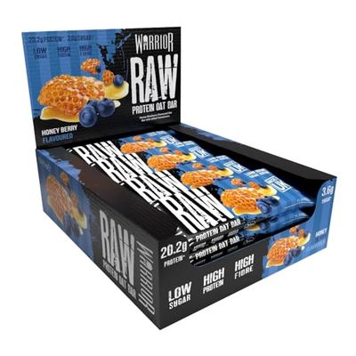Warrior Raw Protein Bars – 12 x 75g Oat Bar Flapjacks – High Fibre, Low Sugar – Ideal Meal Replacement or Healthy Nutrition Energy Snacks – HFSS / GMP Certified – UK Made (Honey Berry)