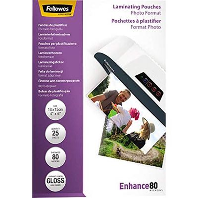 Fellowes Laminating Pouches (10x15cm), Gloss Finish, 25 Sheets, 160 Micron (2 x 80 Micron) High Quality Finish - Ideal for Photos