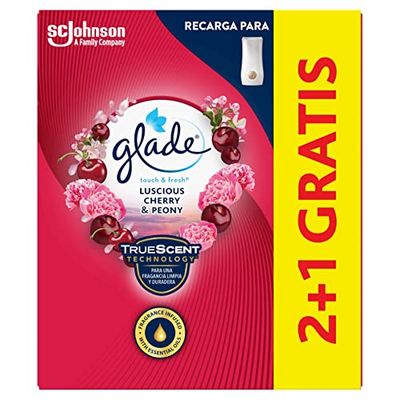 GLADE Um toque fragrância peónia e cereja. Elimina maus odores, até 10 vezes mais frescor - 3 peças de reposição de 10 ml
