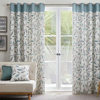 Fusion - Rideaux à Feuilles Bleu Canard 117 x 183 cm - 100% Coton - 2 Panneaux - Rideaux à œillets en œuf de Canard - Rideaux Floraux Bleus pour Chambre et Salon - Collection Beechwood