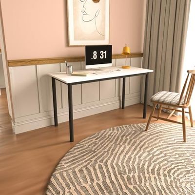 Modern Study Desk, Negro y Blanco, 110 x 55 x 74,8 cm, 100% melamina, 18 mm de Grosor, Marco de Metal Resistente, Elegante y Funcional