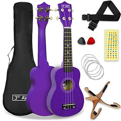 3rd Avenue sopraan ukulele 21-inch, beginnerspakket - Tas, statief, ukeleleband, snaren, plectrums en fretstickers - paars