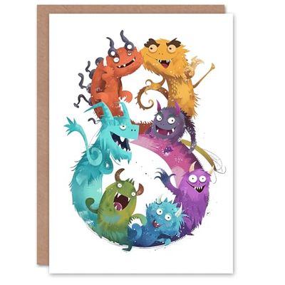Artery8 8th Birthday Card Cute Monsters Number Eight Fun 8 Year Old For Child Kids Son Daughter Greeting Card