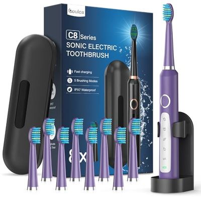 Spazzolini da denti elettrici sonici per adulti con 8 testine - 5 modalità spazzola elettrica con custodia, IPX7, spazzolini elettrici ad ultrasuoni per famiglia viaggiare, viola scuro