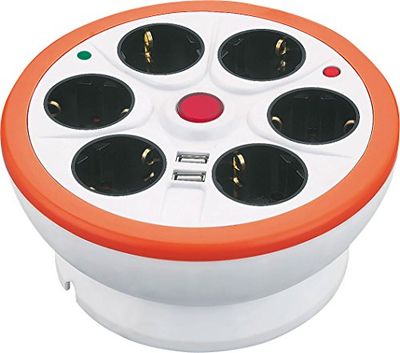 Garza Power Extensão circular com 6 tomadas + 2 USB, padrão múltiplo de 1,4 metros | com interruptor e guarda-cabos | cabo H05W-F 3G, cor laranja