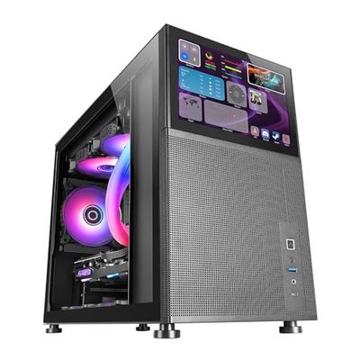 Mars Gaming MC-LCD, kompakt Micro-ATX PC-fodral, 8 tum IPS LCD-skärm, sida, topp och främre nätgaller, sidofönster i härdat glas, minispeltorn med modulär paneldesign, svart