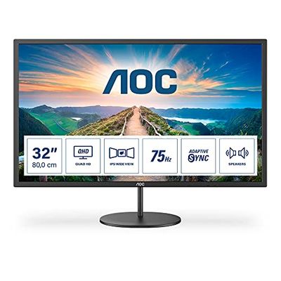 AOC Q32V4 - 32 inch QHD Monitor, 75Hz, 4ms, IPS, Adaptive Sync , speakers , FlickerFree (2560x1440@ 75Hz, 250 cd/m², HDMI 1.4 x 2, DisplayPort 1.2 x 1),BLACK