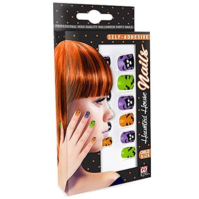 WIDMANN 05339 - Set de 12 Uñas Autoadhesivos de Casa de Fantasmas, para Niñas, Góticos, Murciélagos, Brujas, Vampiros, Calabazas, Carnaval, Halloween