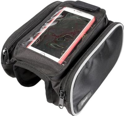 Borsa Porta Smartphone Universale per Bici 19x17x13 cm con Tasche Laterali – Touchscreen Trasparente, Impermeabile, Fissaggio Manubrio, Comoda e Capiente