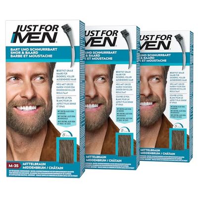 Just For Men mustasch & skäggfärg mellanbrun, skäggfärg, nyans, skäggfärg, eliminerar grått hår för ett fullare utseende, med applikatorborste – M35 3-pack (3 x 28,4 g)