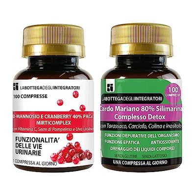 Set di Integratori Cranberry 40% PAC, D-Mannosio 100 compresse + Cardo Mariano 80% Silimarina 100 compresse |Vie Urinarie + Detox