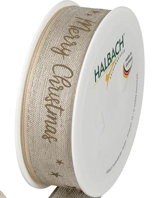 Halbach Seidenbänder Premium cadeaulint Kerstmis van linnen | breedte 25 mm lengte 15 m | kerstlinten met draad voor geschenken en kerstboom | Made in Germany, kleur: natuur/linnen