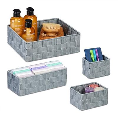 Relaxdays opbergmand gevlochten, set van 4, verschillende groottes, kastmanden, badkamer, bureau, kunststof, grijs