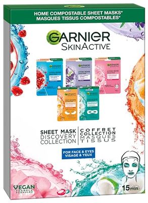 Garnier Sheet Mask Discovery Collection, conjunto de máscaras faciais e oculares para peles desidratadas, apagadas e cansadas, com glicerina e ácido hialurónico e 5 unidades (embalagem de 1)