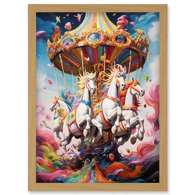 Artery8 Magical Carousel in Rainbow Clouds Bright Bold Vibrant Fantasy Kids Bedroom Baby Nursery Artwork Framed Wall Art Print A4