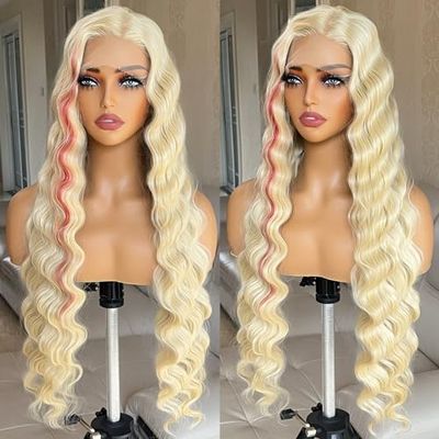 X-TRESS 30" Skunk Stripe Blonde Synthetic Lace Front Wig with Red Highlights, 13x4x1 Loose Deep Wave Glueless Pre-Plucked Wig for Black Women