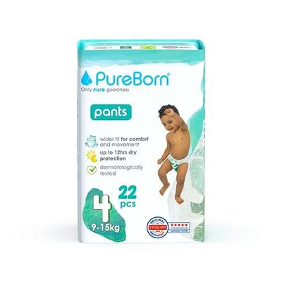 PureBorn Pieluchomajtki Baby Pants, Rozmiar 4 (9-15 kg), 132 Sztuki (6x22), Doskonała Ochrona i w Dzień i w Nocy, Wyjątkowo Miękkie, Przyjazne dla Skóry, Testowane Dermatologicznie