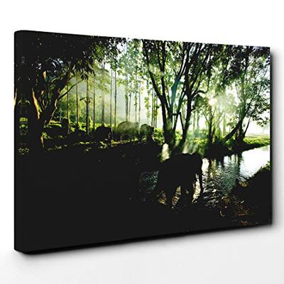 Big Box Art Canvas Print Wall Art Elephant Green Forest | Mounted and Stretched Box Frame Picture | Home Decor for Kitchen, Living, Dining Room, Bedroom, Hallway, Multi-Colour, 30x20 Inch