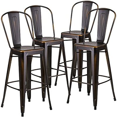 Flash Furniture Blake - Sgabello da Bar per Interni ed Esterni in Metallo ramato ad Alto Effetto Invecchiato, di Grado Commerciale, Confezione da 4, 30", con Schienale
