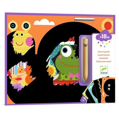DJECO Jeu Cartes à Gratter Animaux - Enfants dès 18 Mois - Gratte et Découvre Les Dessins ! Développe la Motricité et l'Adresse - 1 Outil en Bois, 5 Grandes Cartes, 1 Livret Explicatif