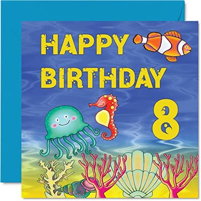 8e verjaardagskaart jongen meisje - Sealife verjaardagskaart - gelukkige verjaardagskaart 8 jaar oude jongen, meisje jongens verjaardagskaarten voor hem haar, 145mm x 145mm wenskaart voor zoon neef kleinzoon dochter broer