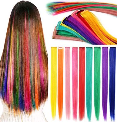 Rhyme 9 PCS Clip en 21 Pouces Rainbow Clip Multi-Couleur en Synthétique Long postiche Partie Faits saillants Coloré Cheveux Raides Extensions Coloré Extensions de Cheveux pour Femmes Filles Enfants