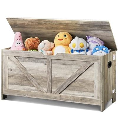 VEVOR Coffre à Jouets en Bois 99x39,5x48 cm, Boîte de Rangement pour Enfants avec Couvercle Rabattable et Charnière de Sécurité, Grand Meuble de Rangement, pour Salle de Jeux Salon Entrée, Gris