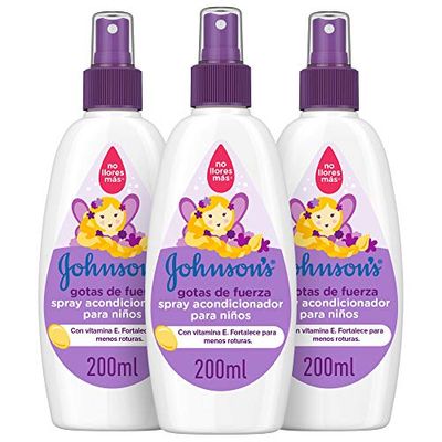 JOHNSON'S Spray condicionador para crianças gotas de força, condicionador para cabelo que aumenta a força natural do cabelo do seu bebé, sem enxaguamento, 3 x 200 ml