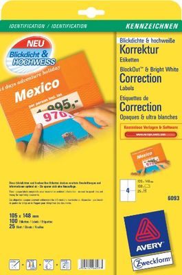 Avery Zweckform 6093 Etichette correttive, 25 Fogli, Non traslucide, 105 x 148 mm