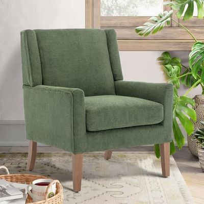 COLAMY Moderne vleugelstoel voor de woonkamer, gestoffeerde accentstoel, enkele stoel met loungestoel en houten poten voor kantoor/slaapkamer/leeshoeken, groen