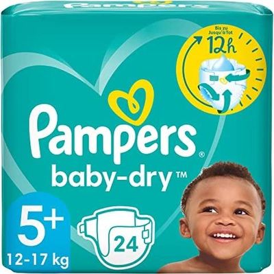 Pampers Baby Dry Taille 5+, 24 couches, jusqu'à 12 heures de protection contre les fuites, 12 kg à 17 kg.