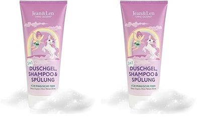 Jean et Len Gel Douche/Shampoing/Après-shampoing 3 En 1, Pour Enfants/Fées, Pour Une Peau De Velours Et Des Cheveux Souples Sans Noeuds, Ne Pique Pas Les Yeux, Parfum Doux, Végane, 200 ml (Lot de 2)