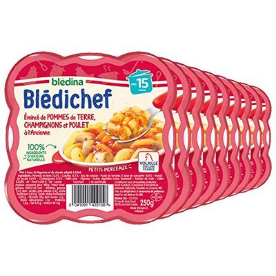 Blédina - Blédichef - Repas Bébé 15 Mois - 9 Plats Pommes de Terre Champignons Poulet - Petits Morceaux - 100% Ingrédients d'Origine Naturelle - Dès 15 Mois - 9 Assiettes de 250g