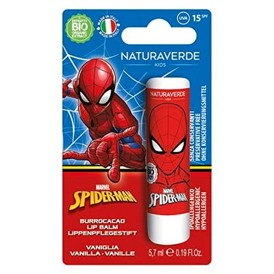 Naturaverde | Kids - Disney Marvel Spiderman - Burrocacao alla Vaniglia, Burro Cacao Bambino con Burro di Karité BIO, con Filtri UVA-UVB - SPF 15, Lipstick da 5,7ml