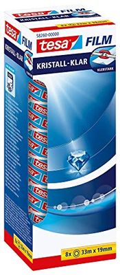 tesafilm Crystal Clear Nastro Adesivo Trasparente, Resistente all'invecchiamento e allo strappo, Extra forte e quasi invisibile, Confezione da 8 Rotoli, 33 m x 19 mm
