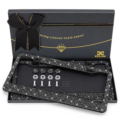 XCLPF - Cornice per targa da donna, luccicante, in acciaio inossidabile, oltre 1000 pezzi, 14 sfaccettature in vetro trasparente con strass con diamanti bianchi e confezione regalo (2 pezzi)
