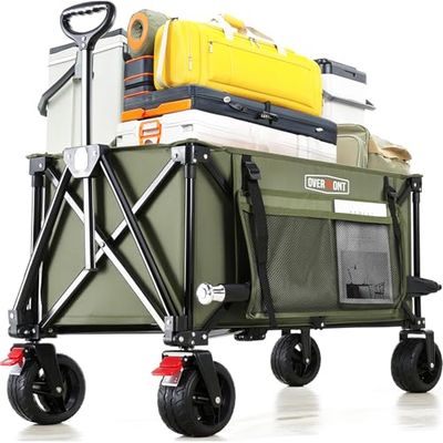Overmont Carrello da Giardino Pieghevole - Carrelli da Trasporto 150L 150 kg con Maniglia Regolabile Freni Tasche a Rete - Ruote Larghe All-terrain - per Campeggio Shopping Sport Spiaggia