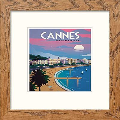 Lumartos, Vintage Cannes Poster Contemporary Home Decor Wall Art Watercolour Print, Dark Wood Frame, 14 x 14 Inches