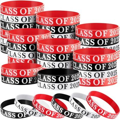 Poen 100 Pcs Class of 2025 Wristbands Graduation Silicone Wristbands Class of 2025 Congrats Grad Celebrating Bracelets for Teacher Student Graduation Party Favors Supply(Black, White, Red)